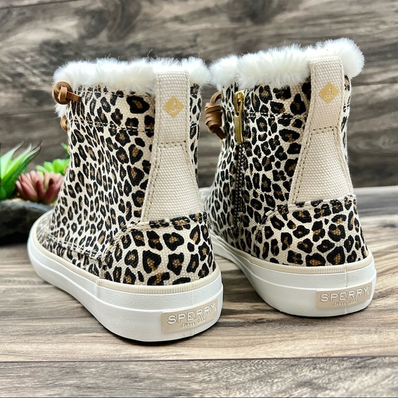 NIB Sperry Top Sider Crest Faux Fur High Top Sneaker Animal Print Tan 9M 40 - Picture 7 of 12